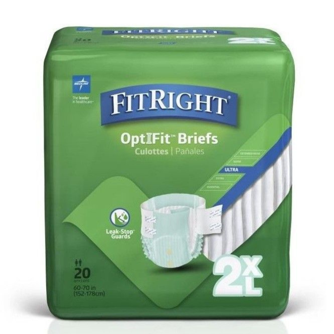 The FitRight Unisex Ultra Incontinence Briefs in size 2XL for adults feature Leak-Stop Guards, Maximum absorbency, and 4D Core technology. Each pack contains 20 briefs designed to fit waist dimensions of 60-70 inches (152-178 cm).